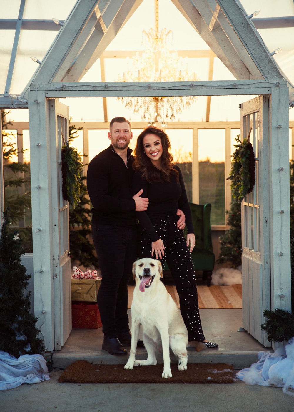 Josh Littauer, Morgan, and their dog Poppie at Christmas